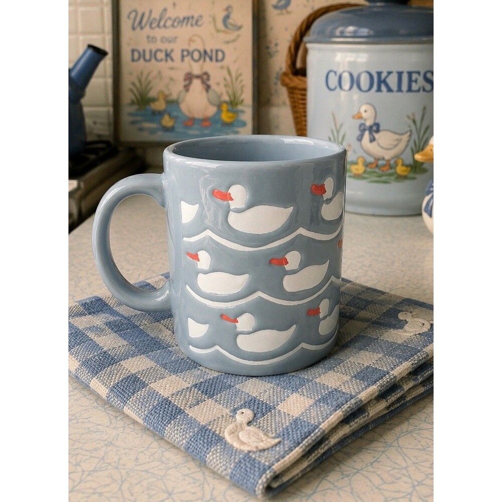 Vintage Waechtersbach Germany Duck Mug Embossed Ceramic Coffee Cup Blue Gray